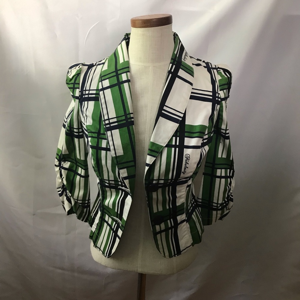 Fabulosity Blazer Plaid Green Navy 3/4 Sleeve - Picture 2 of 6